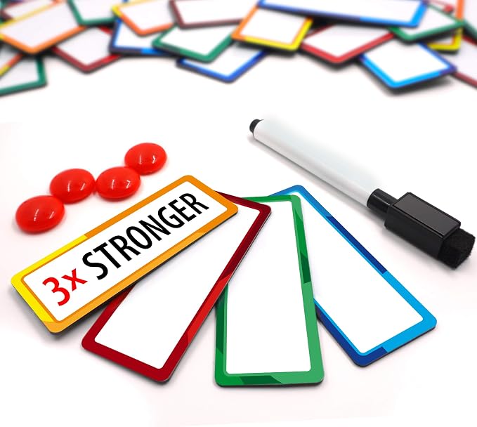 32 Pieces Strong Dry Erase Magnetic Labels 3.3" x 1.3" | Writable Magnetic Name Tags Strips Plates Dry Erase Magnets for Whiteboard Classroom Locker Refrigerator Metal Shelves Crafts | Bonus Included