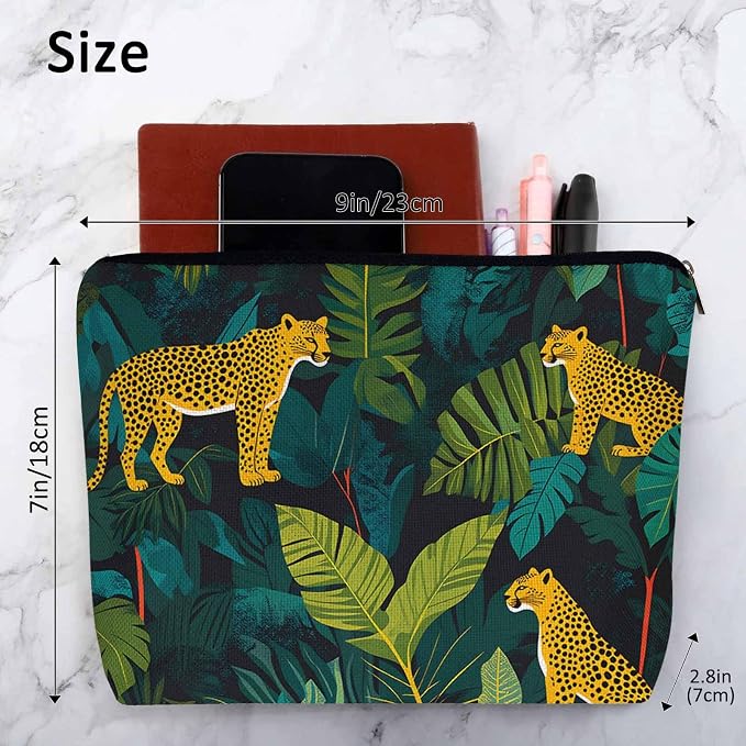 Leopard Cosmetic Travel Bag For Toiletries, Tropical Leaves Leopard Cheetah Makeup Bag Toiletry Bags For Women, Flax Cosmetic Bags Make Up Bag Purse Toiletries Bag Birthday Gift Yellow Green