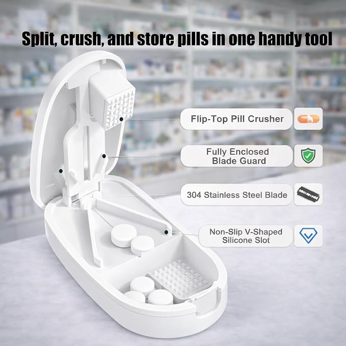 Pill Cutter and Crusher, Tablet Splitter with Pill Storage,White