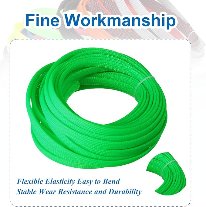 Heyiarbeit 10m/32.8ft PET Expandable Braid Cable Sleeving Flexible Wire Mesh Sleeve Fluorescent Green 8mm