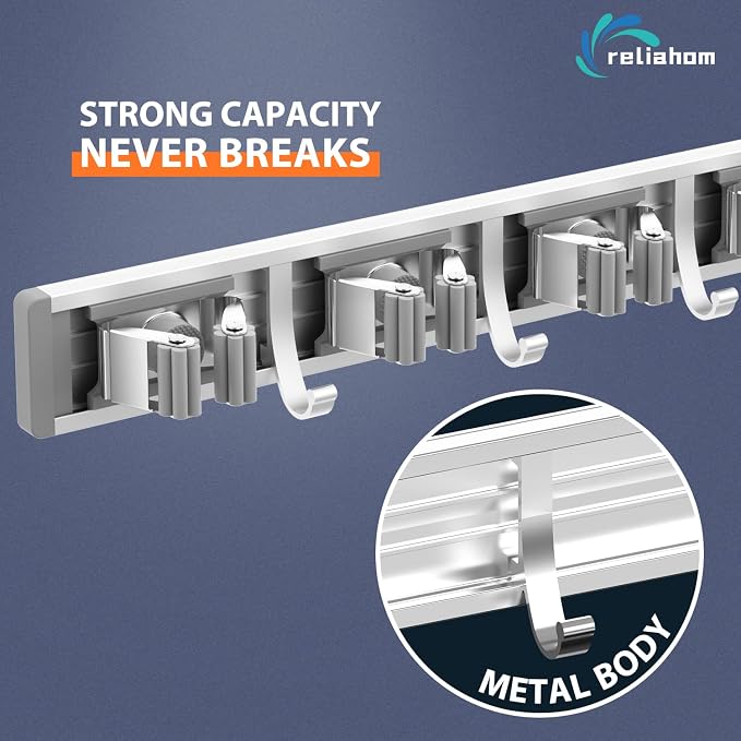 reliahom Broom Holder Wall Mount Mop Hanger Tools organizer 5Racks 4Hooks | Adjustable Mop Broom Wall Hanging Heavy duty Tools Storage Rack Space-saving for Garage,Kitchen,Laundry Room,Garden, Silver