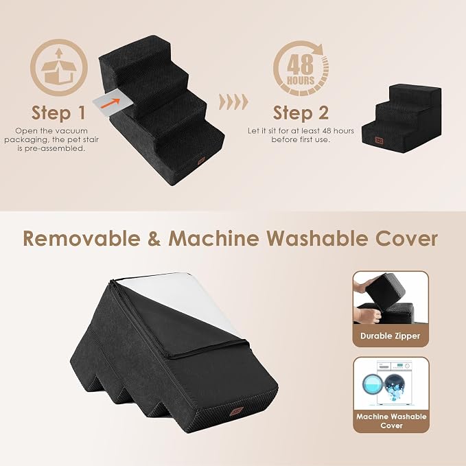 EHEYCIGA Dog Stairs for Small Dogs 13.5" H, 3-Step Dog Steps for Cats, Black