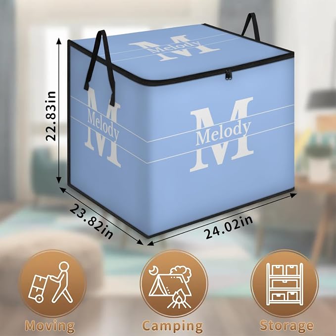 Custom Comforters Storage Basket with Lid, Personalized Name Large Organizer Bin for Pet/Children Toys, Books, Clothes, Perfect for Rooms/Playroom, Sky Blue with Initial Letter