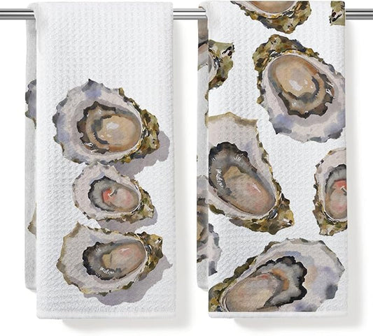 2PCS Vintage Oyster Kitchen Towels 14x24 Inch, Absorbent Microfiber Decorative Dish Cloth Tea Towel, Oyster Waffle Hand Towels for Farmhouse Kitchen Home Bathroom, Housewarming Gifts for Women Frend