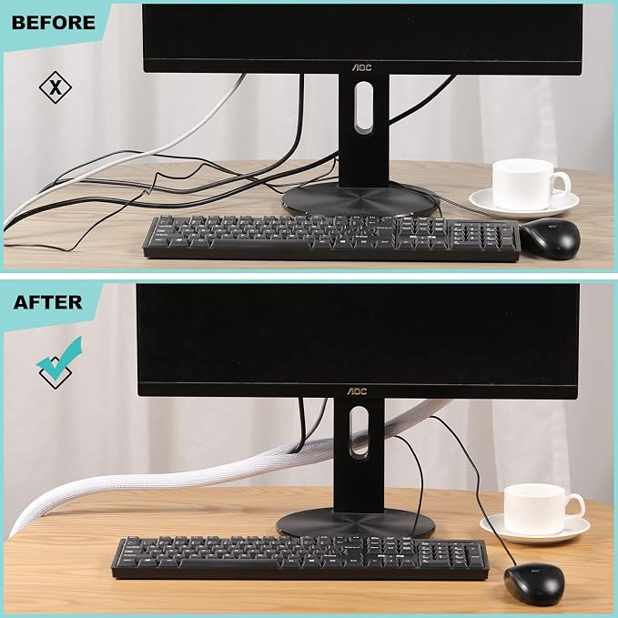 AGPTEK White Cable Sleeve, 2 Pack 5ft - 1.2 Inch Cable Management Cord Hide | Desk Cord Cover Organizer Wire Hider for Office Computer TV Wire Loom Tubing Pet-Proof Cord Protector from Cat Dog Chewing