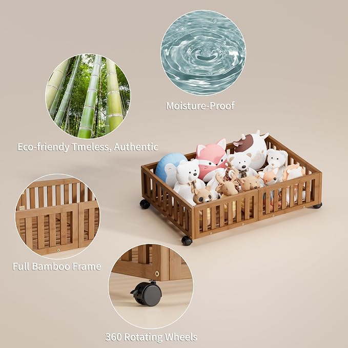 Under Bed Storage with Wheels, 2 Pcs Bamboo Drawers for Clothes and Toy | 360° wheels glide smoothly. Sturdy bamboo frames hold clothes, shoes, bedding and toys. Easy pullout access keeps rooms tidy