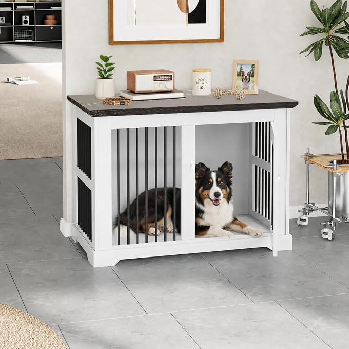 44" Wooden Dog Crate Furniture,Large Kennel Pet Cage End Table for Indoor | for XXL XL Medium Dogs, White and Black, Fits Living Room Bedroom, Heavy Duty Steel Frame with Lock 100 lbs Cap, 100 lbs Top.