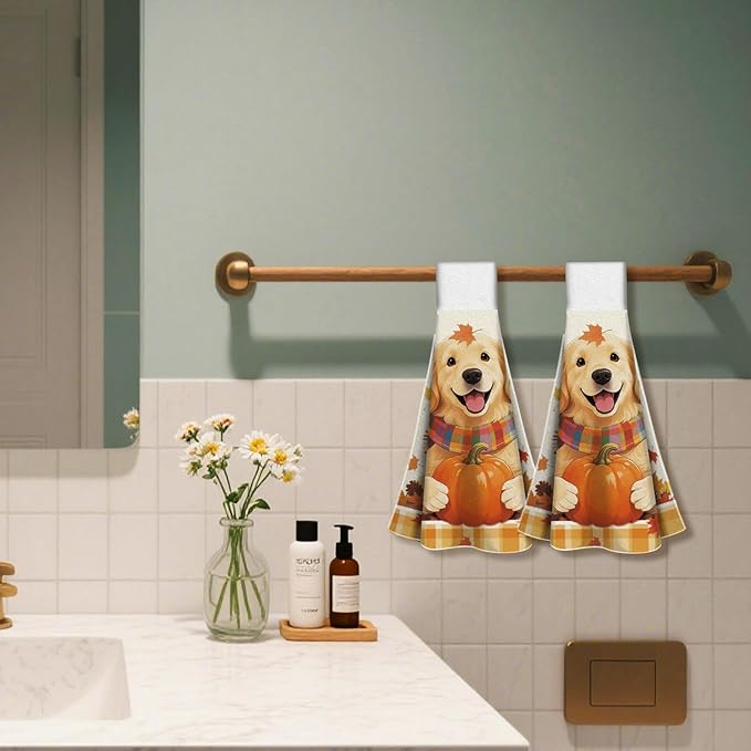 CUTHOLLOW Dog and Autumn Pumpkin Hanging Kitchen Towels with Loop, Set of 2 - Soft & Super Absorbent Microfiber Decorative Hanging Dish & Hand Towel, Tea, Coffee Towel for Kitchen Bathroom Oven Handle
