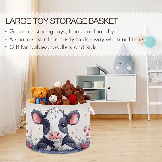 Cute Cow Print Collapsible Round Storage Basket with Handles | Farm Animal Flower Large Laundry Baskets Hamper, Organizer Bin for Nursery Bedroom Living Room Decor, 20x 20x 14 Inches