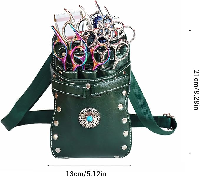 Hairstylist Waist Bag, 7-Slot PU Leather Barber Scissors Tool Bag Shear Holder, Detachable Hair Cutting Organizer for Combs, Clippers, and Spray Bottles (Dark green)