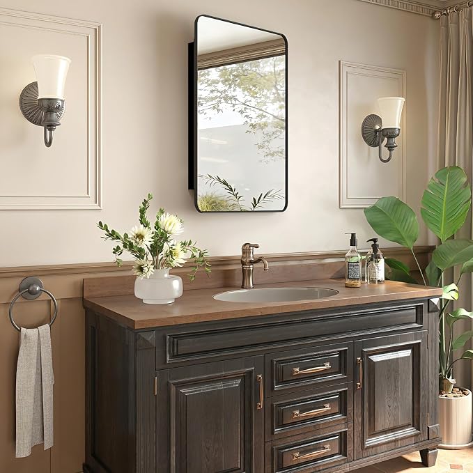16x27.5 in Bathroom Medicine Cabinet with Mirror, Matte Black | Fully Assembled; Recessed or Surface Wall Mount; Metal Cabinet with Tempered Glass Mirror and Two Adjustable Glass Shelves