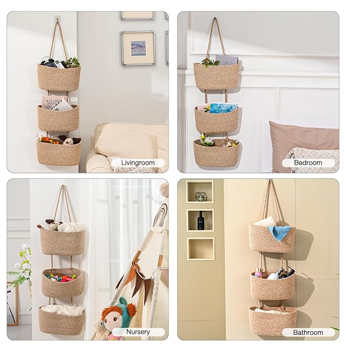 ICERZCZ Hanging Baskets for Organizing, Over the Door Decorative Storage Organizer, Nursery Decor Organization, 3-Tier Wall Basket for Entryway Playroom Bathroom Closet, Mixed Brown