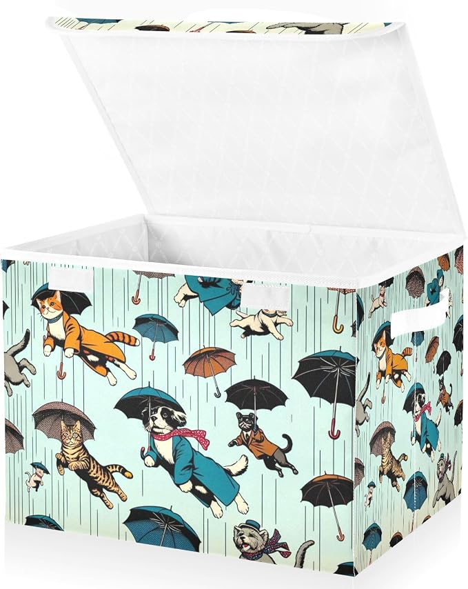 Storage Box Cats and Dogs Storage Bins with Lids, Larger Collapsible Fabric Storage Baskes with Handles for Living Room, Playroom, Bedroom, Nursery 16.5x12.6x11.8 Inch