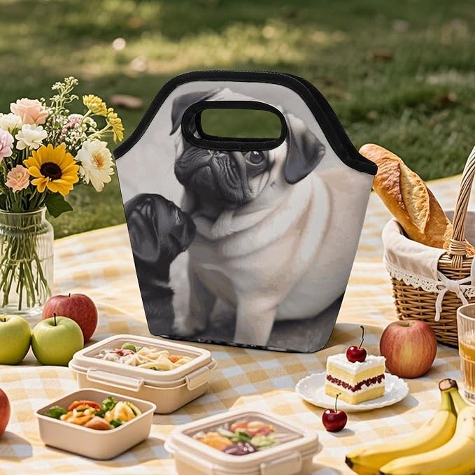 Cute Pet Pug Lunch Bag Cooler Bag Tote Bags | Reusable Portable Lunch Box for Women/Men Lightweight Soft Cooler Bags Organizer for Adults Work Travel Outdoor