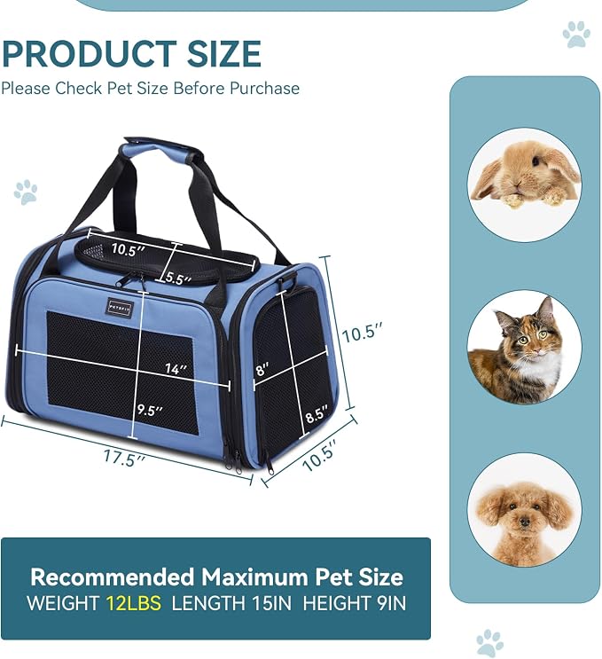 PETSFIT Pet Carrier, Blue, Small and Medium Cats, Puppies Up to 12 Lbs | Dog Carrier, Airline Approved, Collapsible Soft Sided, TSA Approved, Cat Travel Carrier