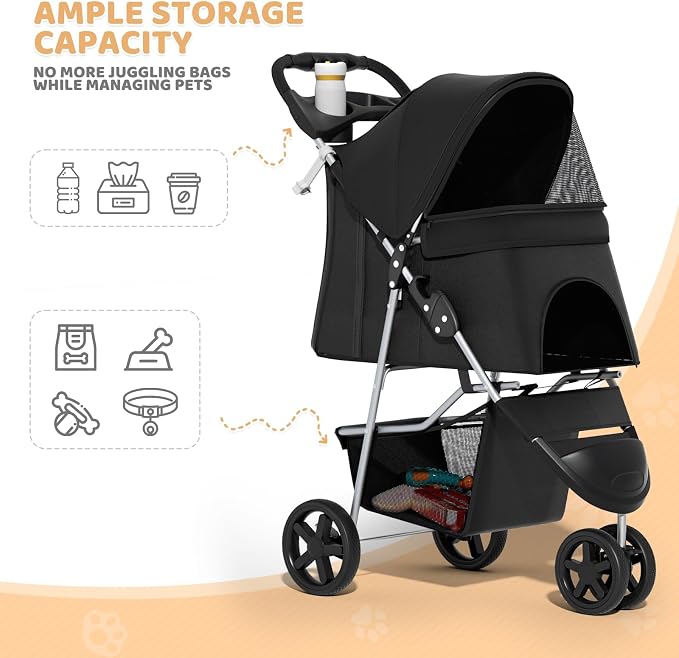 Magshion 3-Wheel Pet Stroller for Small/Medium Dog Cat, Up to 33lbs, Black | Foldable Travel Jogger w/ Breathable Mesh Cover, Lightweight Design, Safety Tethers, Cup Holder & Storage Basket