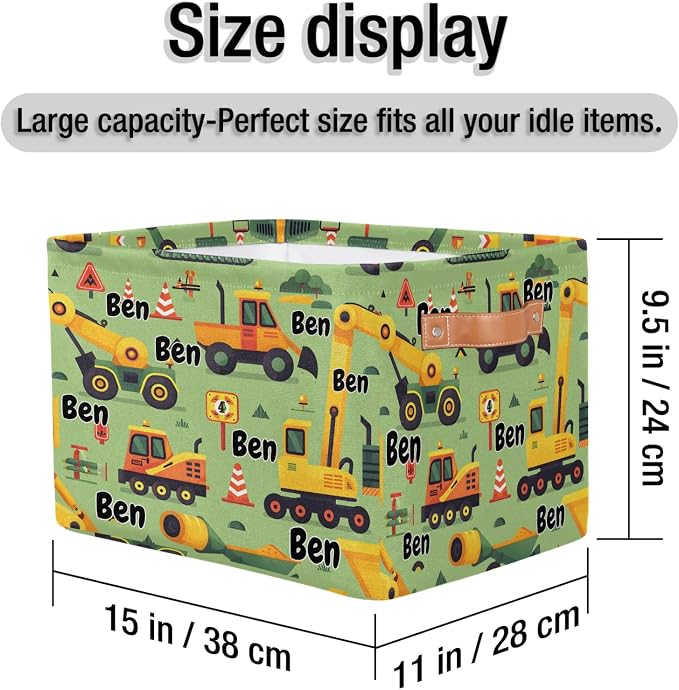 Personalized Name Storage Basket Handles for Boys, Canvas Storage Bins Toys Clothes Organizer for Bedroom, Kitchen, Bathroom, Nursery, Shelves, Closets, Cartoon Excavator Construction Vehicle