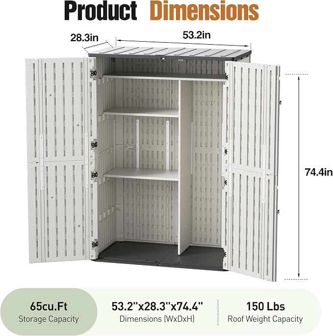 65 Cu.Ft Resin Outdoor Storage Shed with 5 Shelves & Floor, Weatherproof Plastic Vertical Outdoor Storage Cabinet for Garden Backyard Patio Pool Tool