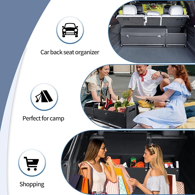 Leather Car Trunk Organizer SUV Trunk Organizer Car Trunk Storage Organizer | Large Trunk Organizer with Lid and Sturdy Handle Car Cargo Storage Box (Black, 41 x 11.4 x 12.2in)