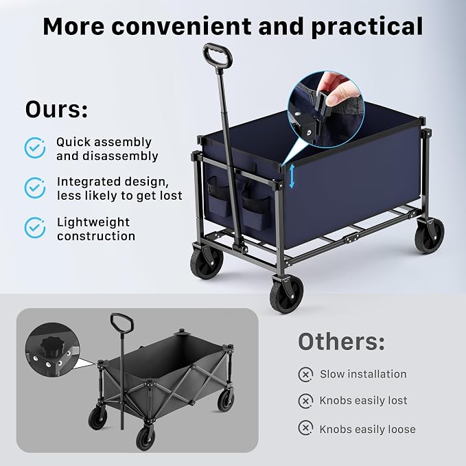 29.3" Collapsible Wagon Cart, 150L Heavy Duty Folding Utility Wagon with Wheels, 260 lbs Load, Portable Rolling Cart for Garden, Shopping, Sports, Camping, DarkBlue