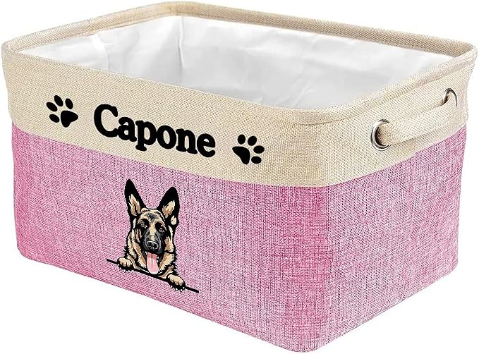 Custom Fabric Dog Toy Storage Basket with Cute Dog German Shepherd Collapsible Sturdy Fabric Pet Toys Storage Bin Cube with Handles for Organizing, Pink and White