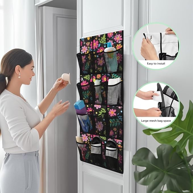 Florals Hanging Storage Bags,Shoe Organizer Door Hanger with 12 Mesh Large Pockets,Behind Door Shoes Hang Holder Rack