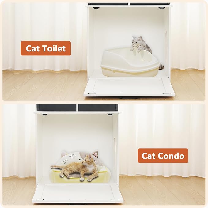 Dwanton Cat Litter Box Enclosure, 3 Storage Shelves and 2 Drawers, 61.8" H | 2-in-1 Hidden Cat Litter Box Enclosure Furniture with Shelf, Metal Frame, Reversible Entrance, Washable Drawers, White