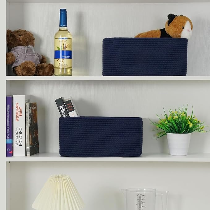 3 Pack Storage Baskets for Organizing, 13.7×9.5×6.3", Navy Blue | Woven Baskets for Shelves, Cotton Rope Basket for Gifts Empty, Closet Organizer Bins with Handles, Cube Decorative Box