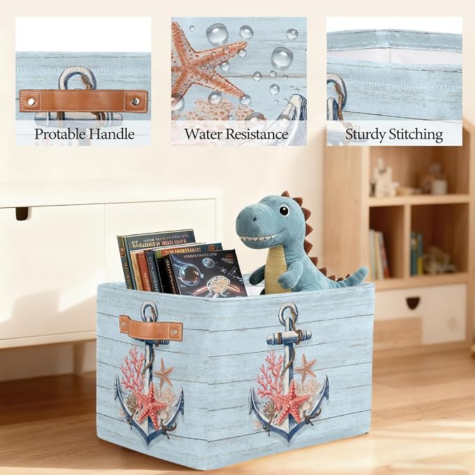 Pardick Storage Baskets Bin, Woodanchor Starfish Collapsible Canvas Fabric Storage Bin Decorative Baskets Toy Organizer Rectangle Storage Boxes with handles for Home Shelves Nursery,Q-5