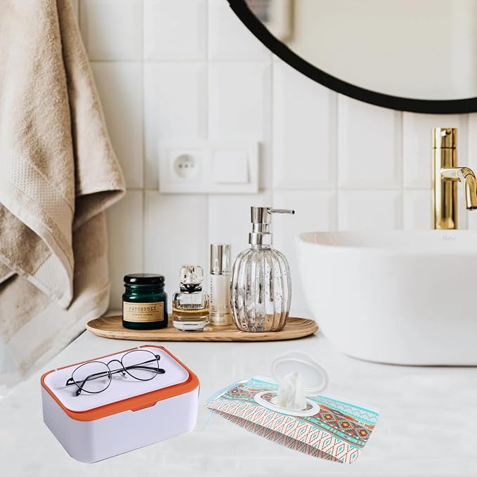 Wipes Dispenser with 2Pcs Portable Refillable Wipe Holder,Reusable Large Wipe Holder Box Flushable Wipes Case Bathroom Wipes Container for Pet Nursery Kitchen Office Counter (White-Orange) | Refillable Reusable Large Wet Wipe Holder, Flushable Wipes Ca...