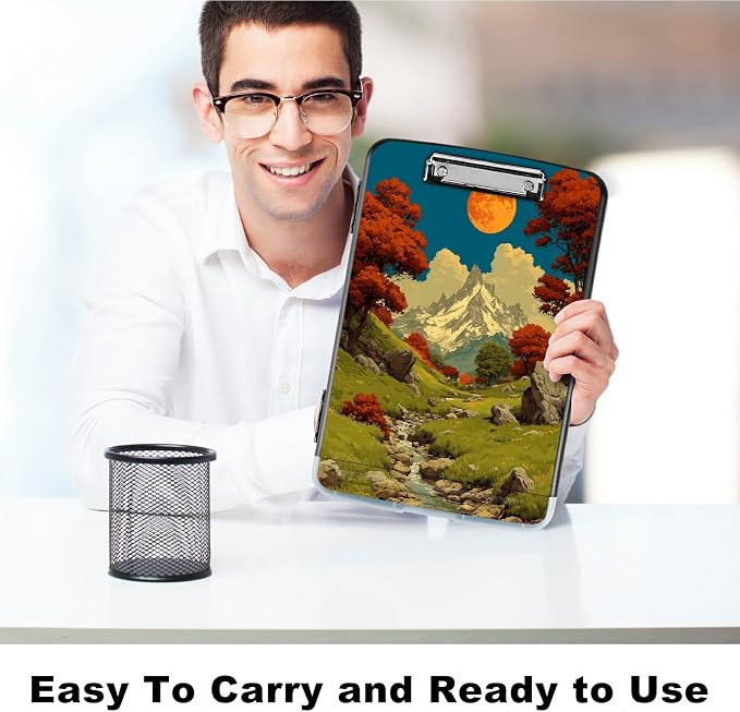 A4 Clipboard with Storage Pen Holder, Clipboards Organizer Nursing Clipboard Foldable File Folder Plastic Clipboard Folio Clip Board for Office Classroom Doctor, Snow Mountain Moon Brook