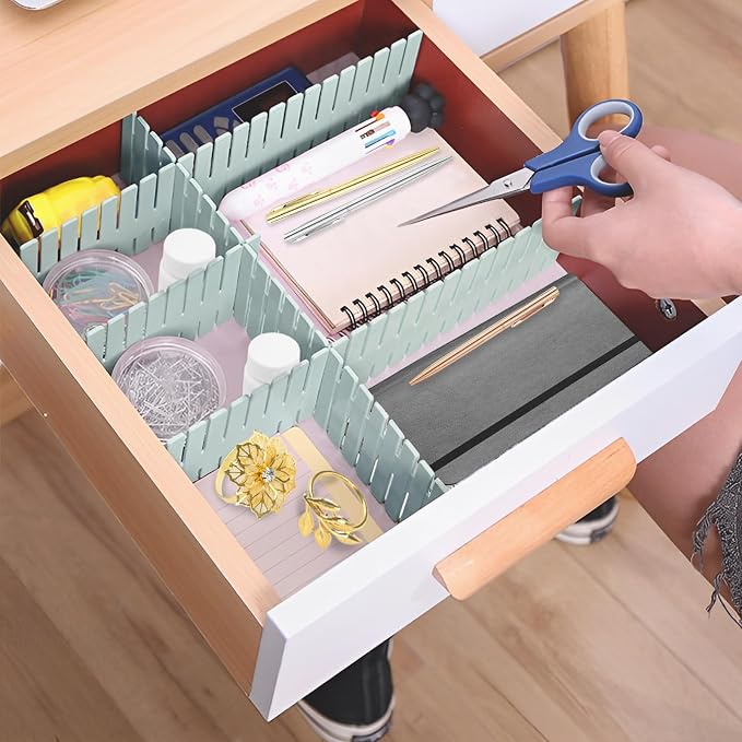 JEPELUS 40Pcs Adjustable Drawer Dividers, Drawer Separators Kitchen | 14.5x2.7In, Blue, Plastic, Drawer Divider for Bathroom Office Nursery, Baby Clothes Dresser Sock Underwear Makeup Storage