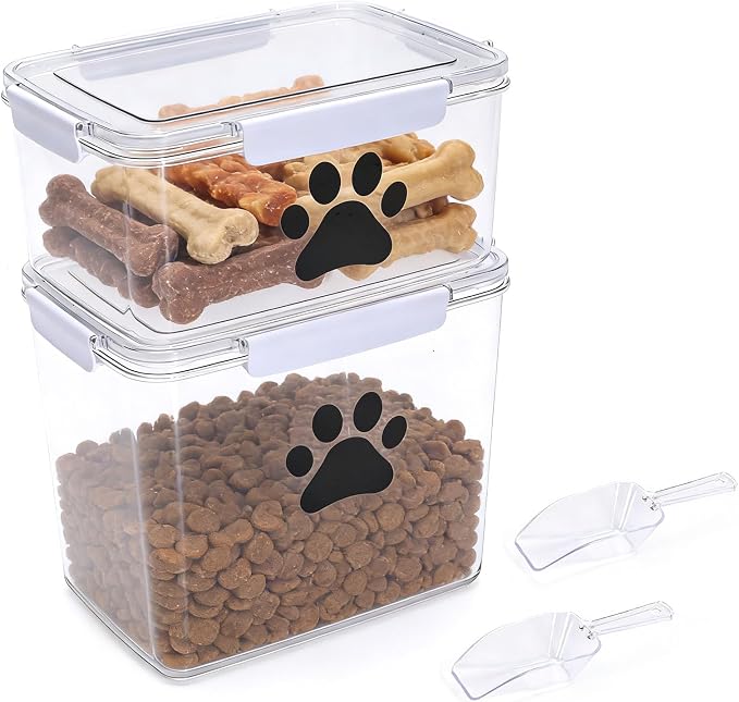22lb Dog Food Container Set of 2,Airtight Pet Food Treat Storage Bin for Dogs Cats, Clear Puppy Kibble Container for Kitchen Counter,Stackable and Keep Food Fresh Crispy-BPA free