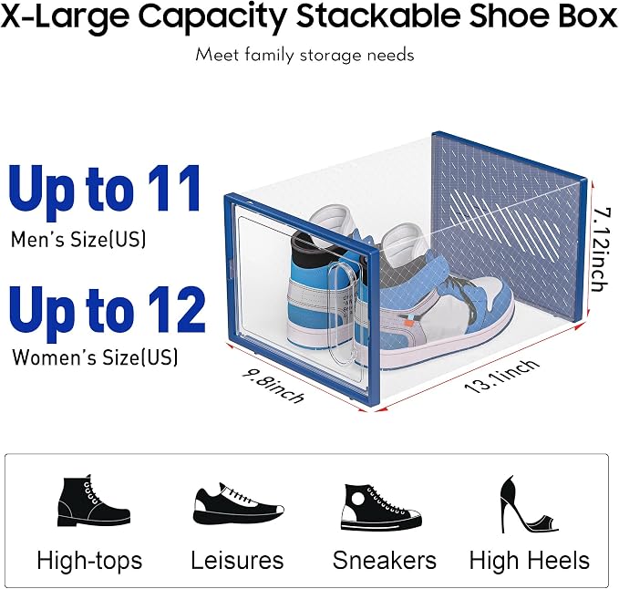 Large Shoe Organizer Storage Box with Magnetic Door,12 Pack Clear Plastic Stackable Sneaker Containers for Closet, Connect Left and Right Shoe Box for Entryway, Drop Front, Under Bed (Blue)