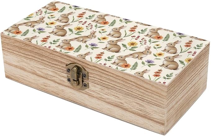 Wooden Keepsake Memory Box with Lid, Gift Organizer Case, Cute Rabbit | Bunnypattern Decorative Jewelry Storage Container, Birthday Party Favor Decor, 9.2x5.5x3.9 Inch