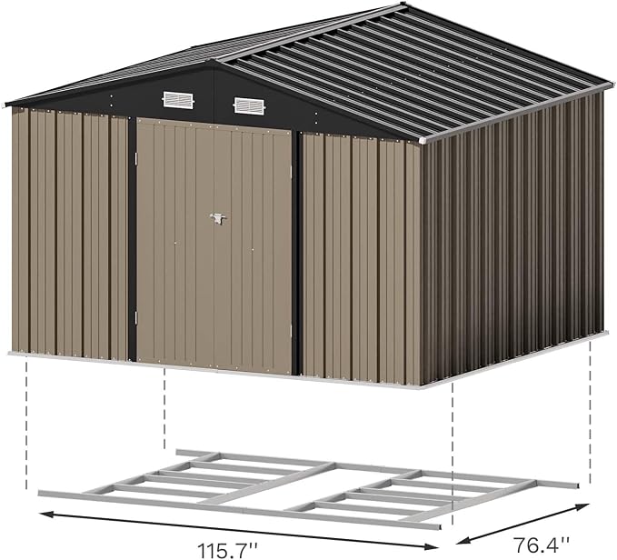 Patiowell 10x8 FT Outdoor Storage Shed with Floor Frame, Brown | Large Garden Tool Metal Shed, Sloping Roof, Double Lockable Door, Outdoor Shed For Backyard Garden Patio Lawn