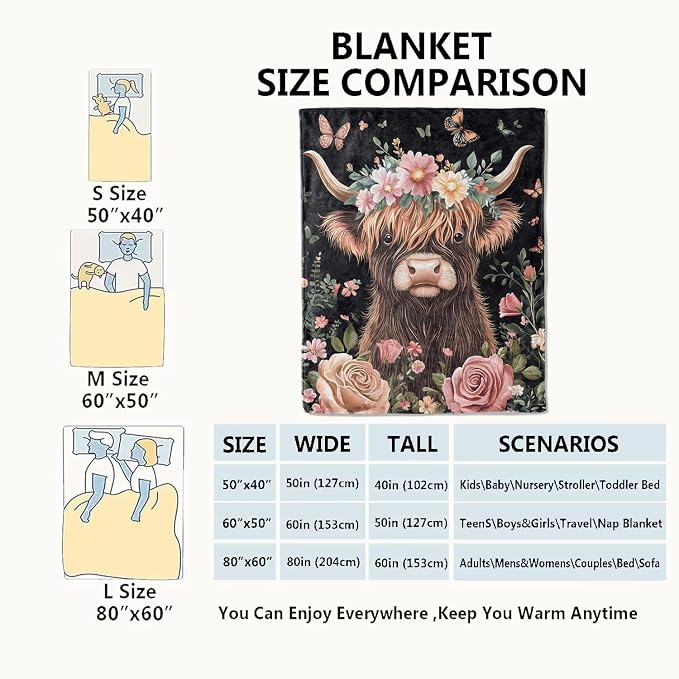 Highland Cow Blanket Cute Cattle with Floral Crown Throw Blankets,Gifts for Kids Adult Women Men,Lightweight Soft Fleece,Nature Lovers,Sofa Couch Bed Room Modern Rustic Decor 40x50in