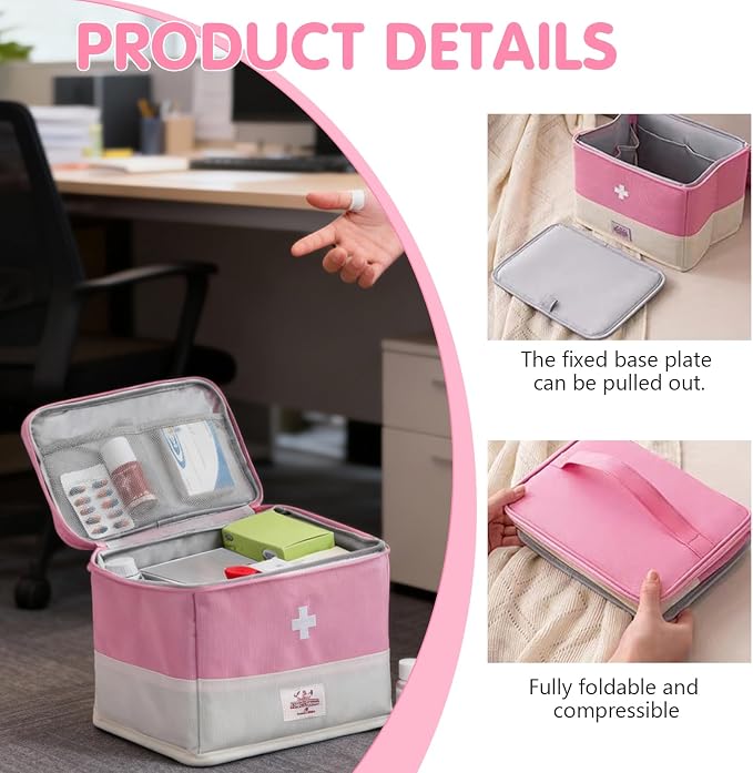 Travel Medicine Bag Organizer, Medical Bag Empty for First Responder Storage, Emergency Medical for Home, Travel, Camping, Car, Hiking & Outdoor Emergencies (Pink)