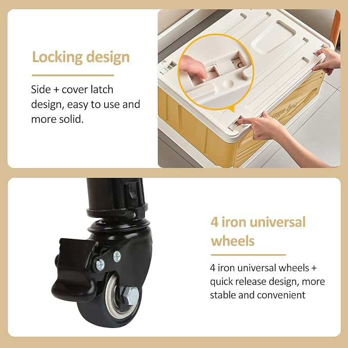 XCBYT 50L Foldable Rolling Crate, Storage Cart with Wheels, Light Yellow | Spacious 50L capacity offers lots of room for groceries, tools or moving. Easy to assemble and folds flat for quick storage