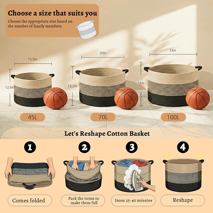 Artfeel 70L Large Cotton Rope Basket, Decorative Woven Blanket Storage for Living Room, Boho Toy Storage & Toy Box for Kids, Versatile Laundry Basket & Nursery Hamper for Blankets(BlackBrown)