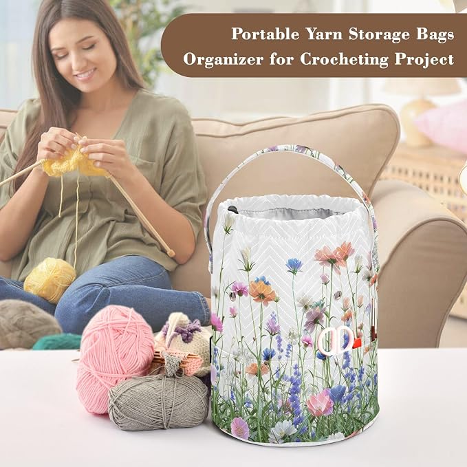 Tatenale Crochet Bag Yarn Bag Knitting Project Bag with Pockets and Handle Portable Yarn Storage Organizer Tangle Free 8.3x11 InchWildflower Blomming27