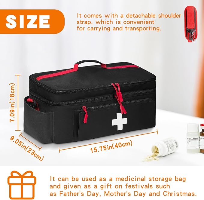 Boczif First Aid Bag Empty, Emergency Kit Bag(black with shoulder strap) | Pill Bottle for Emergency Trauma Medical Kits Supplies Waterproof, Ideal for Home, Travel, Outdoor