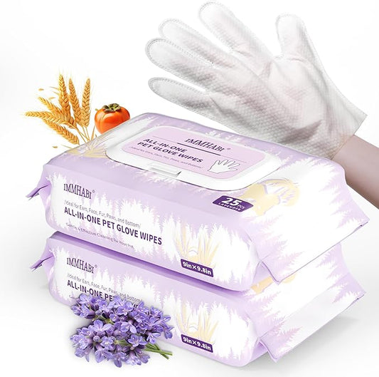 IMMHABI 50 Pcs Cleaning Deodorizing Pet Glove Wipes for Dogs & Cats, Hypoallergenic Dog Bath Wipes with Natural Deodorizer Persimmon Tannin, Pet Bathing Wipes for Horse Coat Care Lavender Scent