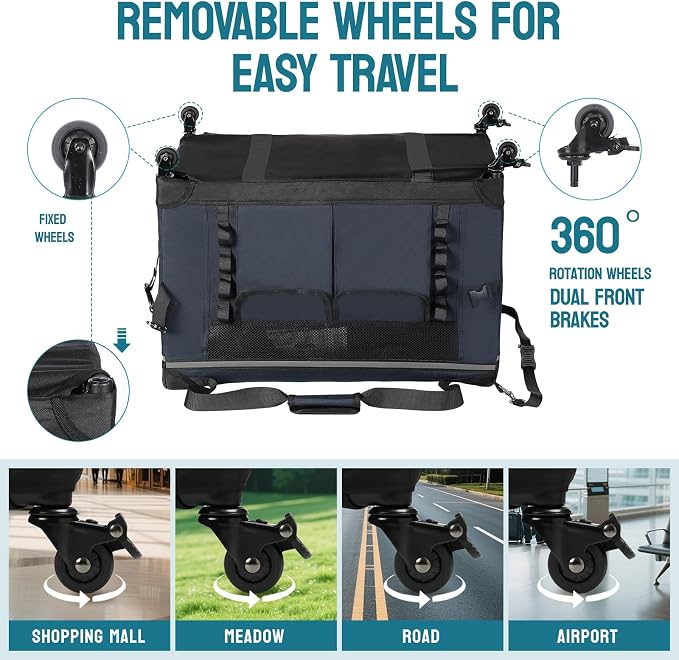 PEGIC 24-inch Rolling Extra Large Cat Carrier with Wheels | Spacious Travel Solution for Large Cats & Two Kittens, Reinforced Non-Sagging Base, For Car Rides & Vet Visits