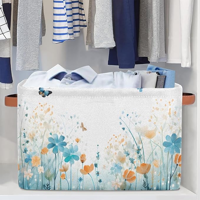 Watercolor Flower Butterfly Rectangular Storage Bin Collapsible Storage Basket Organizer Boxes with Leather Handle Storage Cube for Shelves Toy Laundry Nursery 1 PC