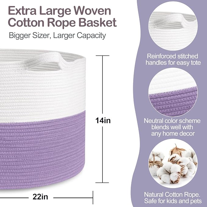 MEGASKET Large Purple Rope Storage Basket, 22x14 Inches Wicker Woven Baskets for Storage, Baby Laundry Hamper, Towel Blanket Toy Bin Organizer, Purple Living Room Decor, Big Basket for Gifts Empty