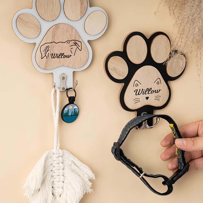 Wooden Dog Leash Holder, Dog Collar Hook and Leash Storage, Personalized Dog Paw Hook, Custom Pet Name Sign Gift, 16 * 16cm(Black)