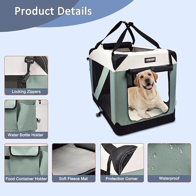 Jespet 3 Door Soft Dog Crates Kennel for Pets, Folding Travel Pet Carrier | 3 Mesh Doors 24'' Dog House, Large Pocket, Easy to Install, Steel Frame, Removable Crate Pad, For Indoor & Outdoor