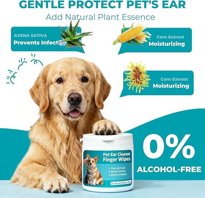 Pet Ear Cleaner Finger Wipes for Dogs, Cats, Gentle Alcohol-Free Formula, Removes Wax, Debris, 50 Count, Vet Approved, 4x8cm