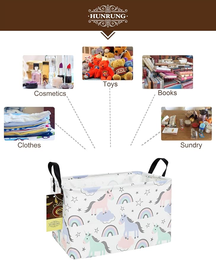 Rectangle Canvas Foldable Storage Basket for Nursery, Star Unicorn | Portable and collapsible cloth receptacle. Stores pet essentials, daily use items